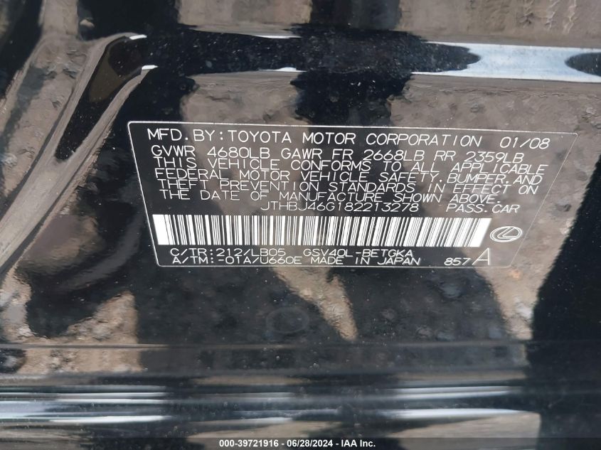 2008 Lexus Es 350 VIN: JTHBJ46G182213278 Lot: 39721916