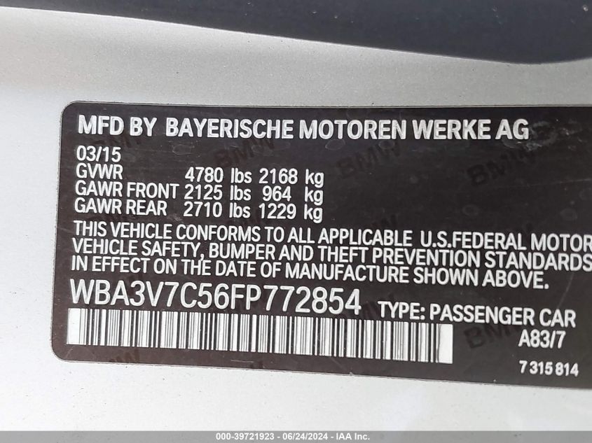 2015 BMW 428I VIN: WBA3V7C56FP772854 Lot: 39721923