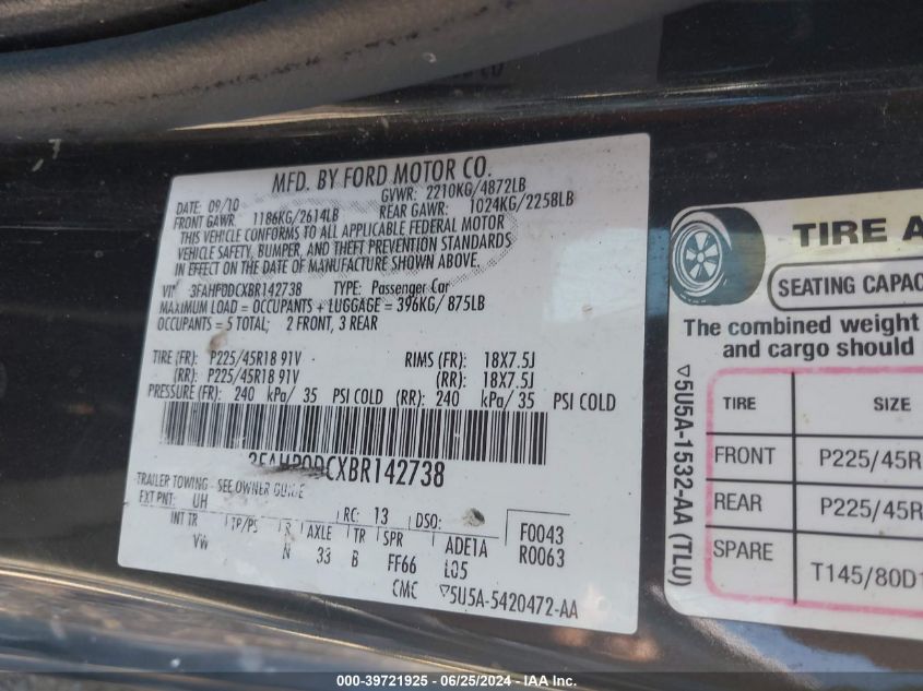 2011 Ford Fusion Sport VIN: 3FAHP0DCXBR142738 Lot: 39721925