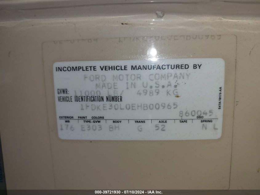 1984 Ford Econoline E350 Cutaway Van VIN: 1FDKE30L0EHB00965 Lot: 39721930