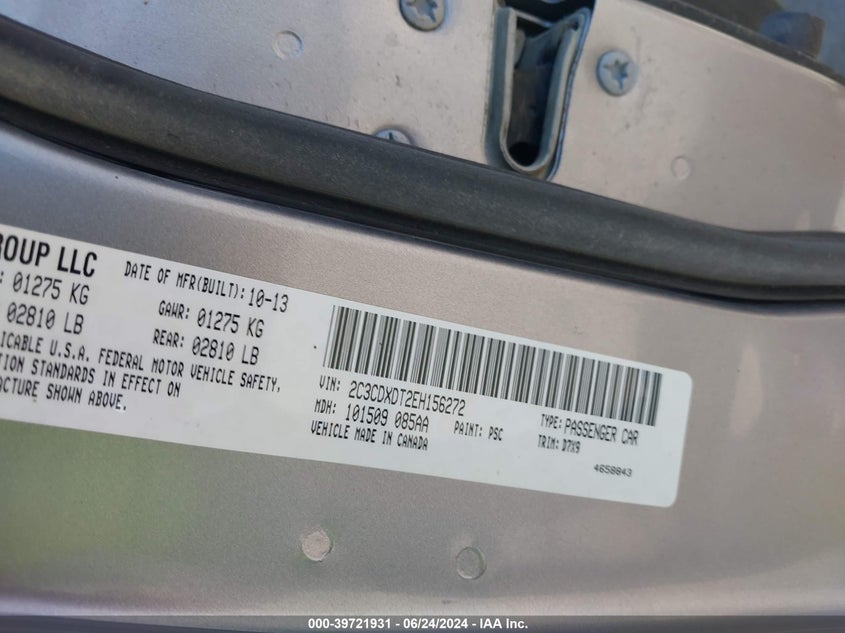 2014 Dodge Charger R/T VIN: 2C3CDXDT2EH156272 Lot: 39721931