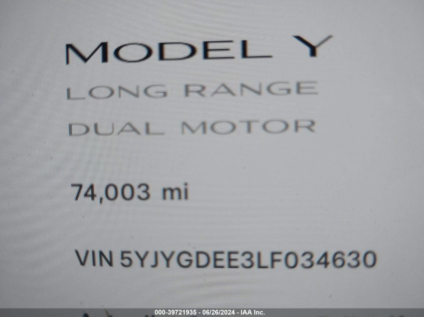 2020 Tesla Model Y Long Range Dual Motor All-Wheel Drive VIN: 5YJYGDEE3LF034630 Lot: 39721935