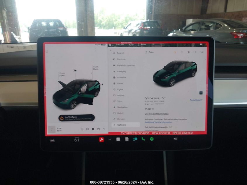 2020 Tesla Model Y Long Range Dual Motor All-Wheel Drive VIN: 5YJYGDEE3LF034630 Lot: 39721935