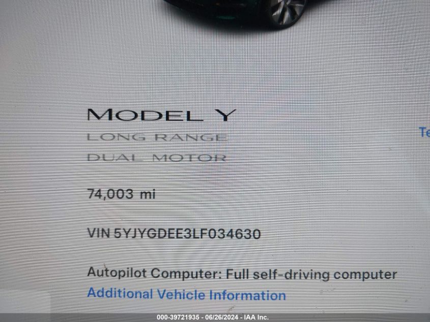 2020 Tesla Model Y Long Range Dual Motor All-Wheel Drive VIN: 5YJYGDEE3LF034630 Lot: 39721935