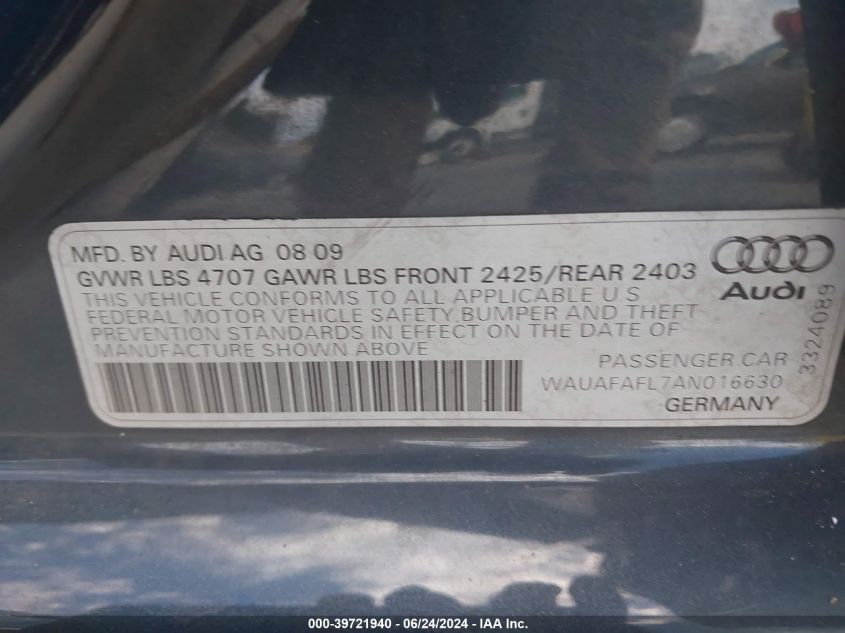2010 Audi A4 2.0T Premium VIN: WAUAFAFL7AN016630 Lot: 39721940