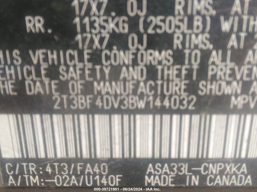 2011 Toyota Rav4 VIN: 2T3BF4DV3BW144032 Lot: 39721951