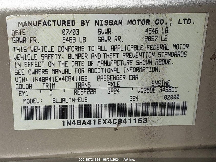 2004 Nissan Maxima 3.5 Se VIN: 1N4BA41EX4C841163 Lot: 39721954