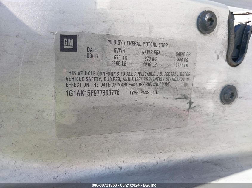 2007 Chevrolet Cobalt Ls VIN: 1G1AK15F977300776 Lot: 39721958