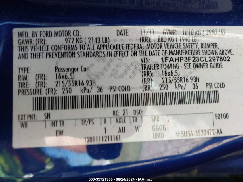 2012 Ford Focus Se VIN: 1FAHP3F23CL297802 Lot: 39721966