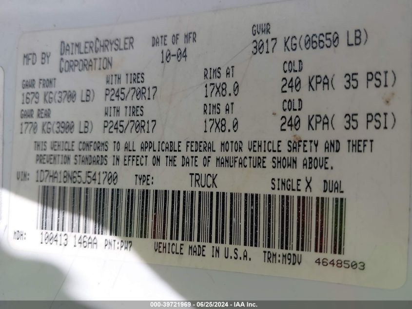 2005 Dodge Ram 1500 Slt/Laramie VIN: 1D7HA18N65J541700 Lot: 39721969