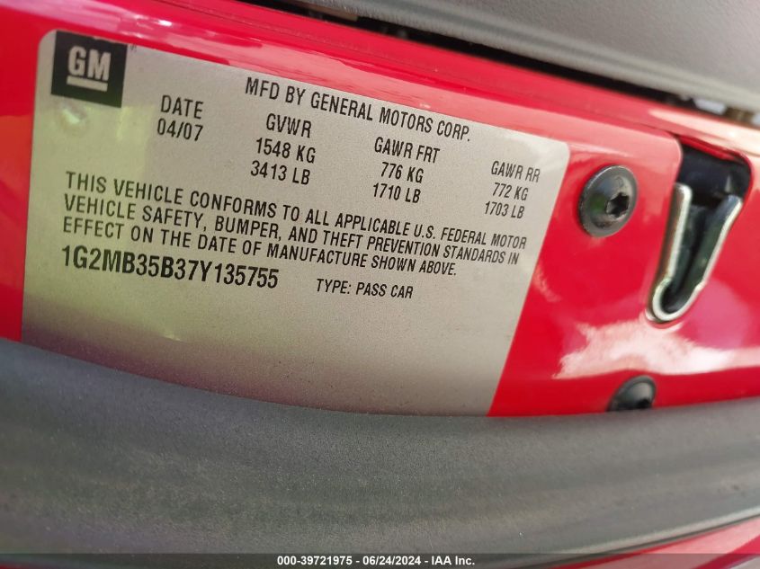 2007 Pontiac Solstice VIN: 1G2MB35B37Y135755 Lot: 39721975