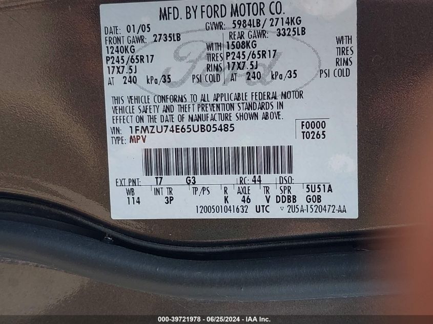 2005 Ford Explorer Eddie Bauer VIN: 1FMZU74E65UB05485 Lot: 39721978