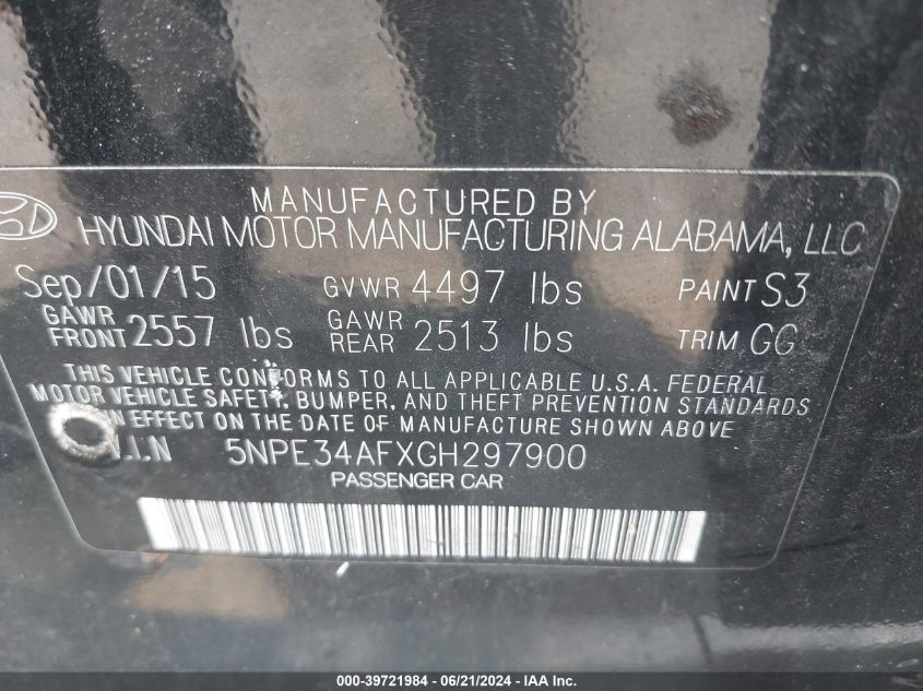 2016 Hyundai Sonata Sport VIN: 5NPE34AFXGH297900 Lot: 39721984