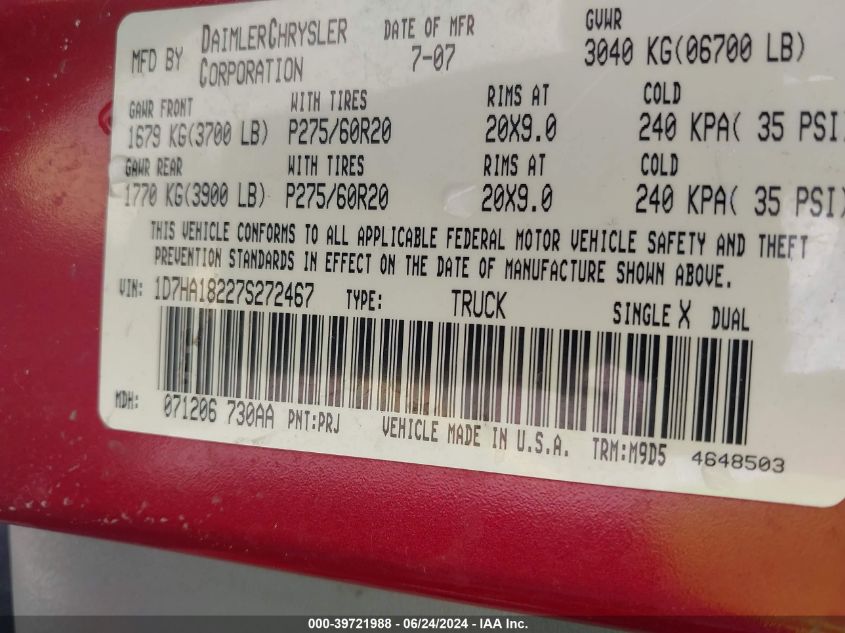 2007 Dodge Ram 1500 Slt VIN: 1D7HA18227S272467 Lot: 39721988