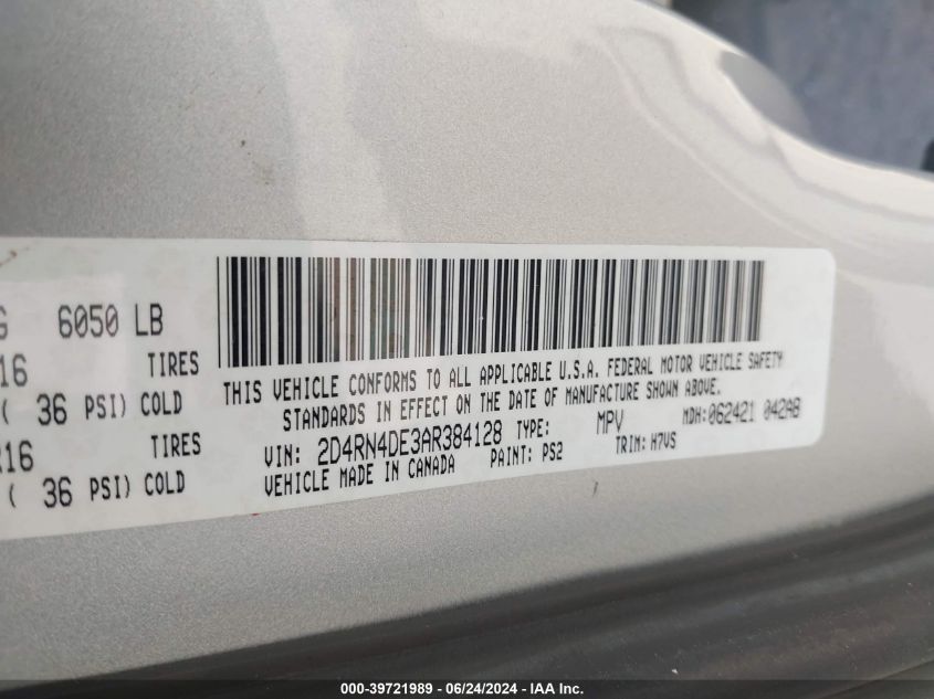 2010 Dodge Grand Caravan Se VIN: 2D4RN4DE3AR384128 Lot: 39721989