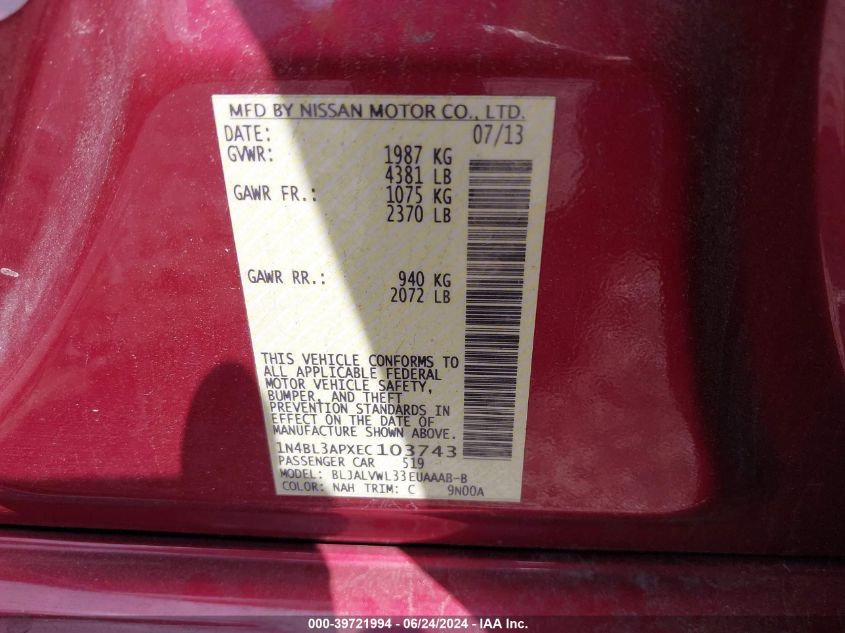 1N4BL3APXEC103743 2014 Nissan Altima 3.5 Sl