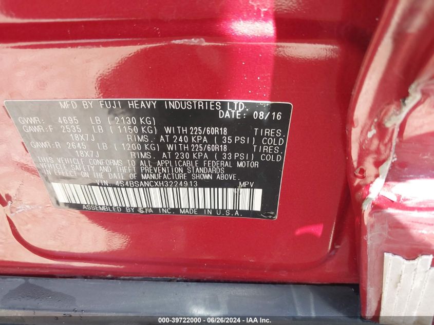 2017 Subaru Outback 2.5I Limited VIN: 4S4BSANCXH3224913 Lot: 39722000