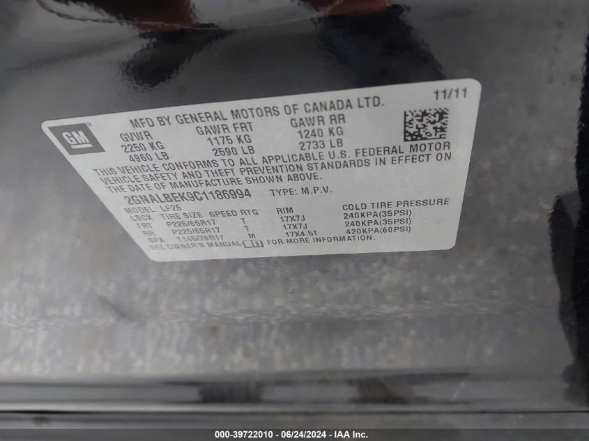 2012 Chevrolet Equinox Ls VIN: 2GNALBEK9C1186994 Lot: 39722010