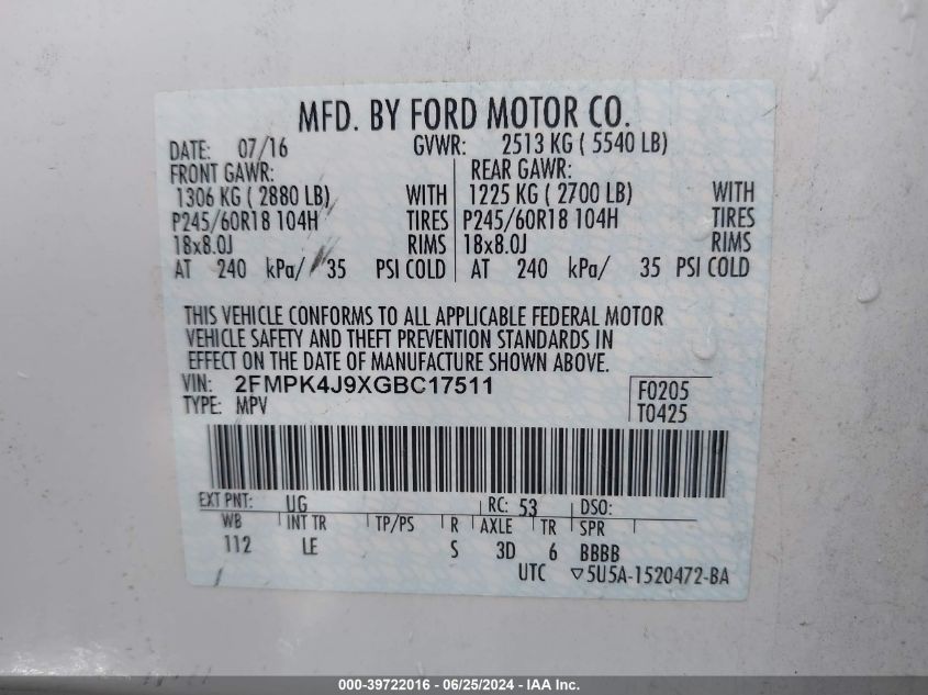 2016 Ford Edge Sel VIN: 2FMPK4J9XGBC17511 Lot: 39722016