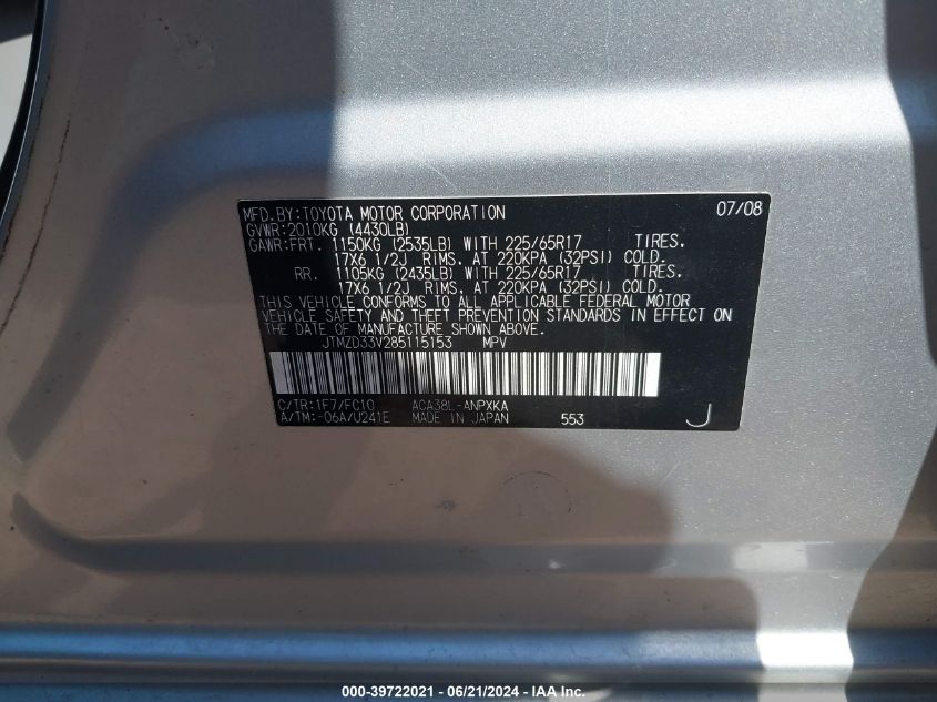 2008 Toyota Rav4 VIN: JTMZD33V285115153 Lot: 39722021
