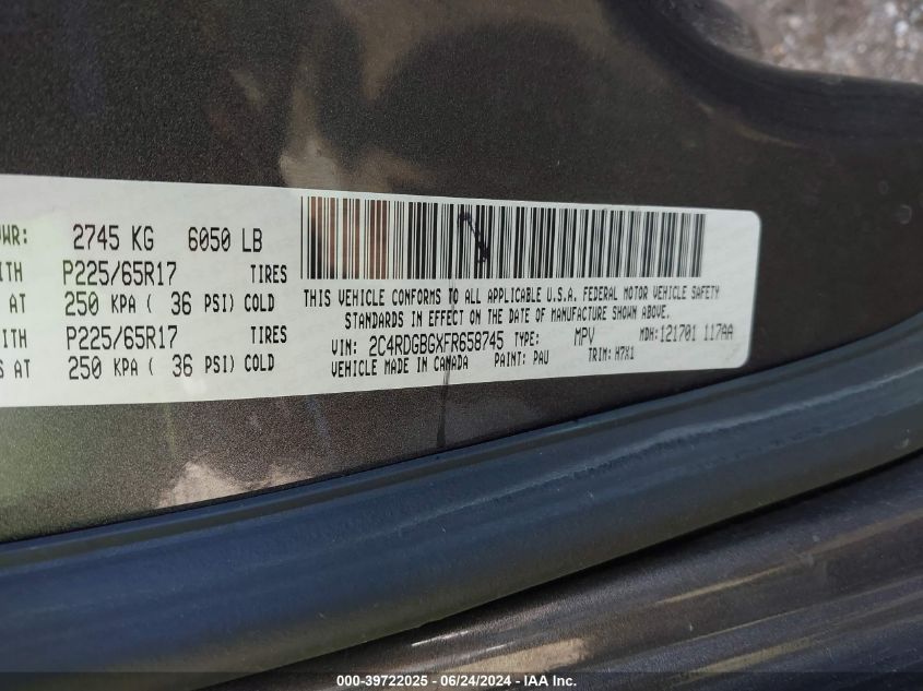 2015 Dodge Grand Caravan Se VIN: 2C4RDGBGXFR658745 Lot: 39722025