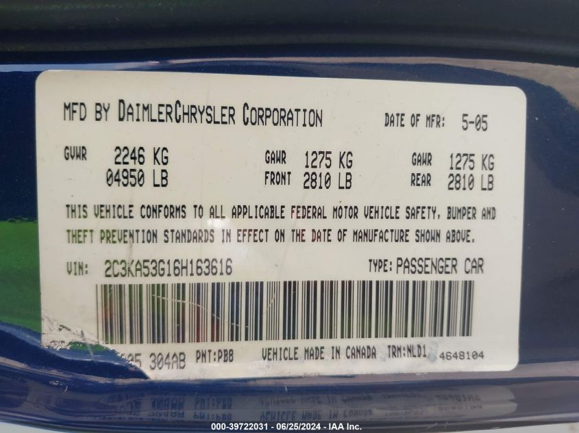 2006 Chrysler 300 Touring VIN: 2C3KA53G16H163616 Lot: 39722031