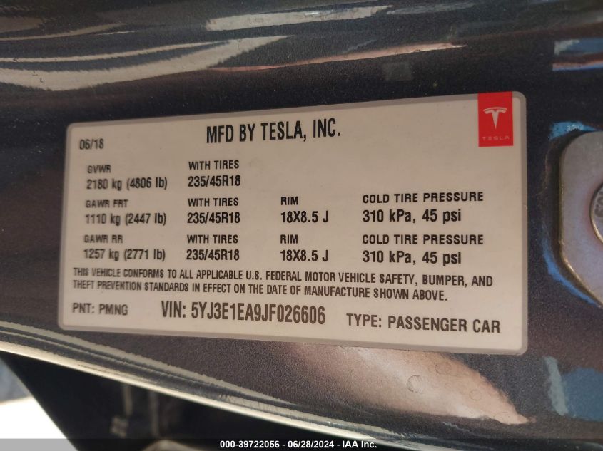 5YJ3E1EA9JF026606 2018 Tesla Model 3 Long Range/Mid Range