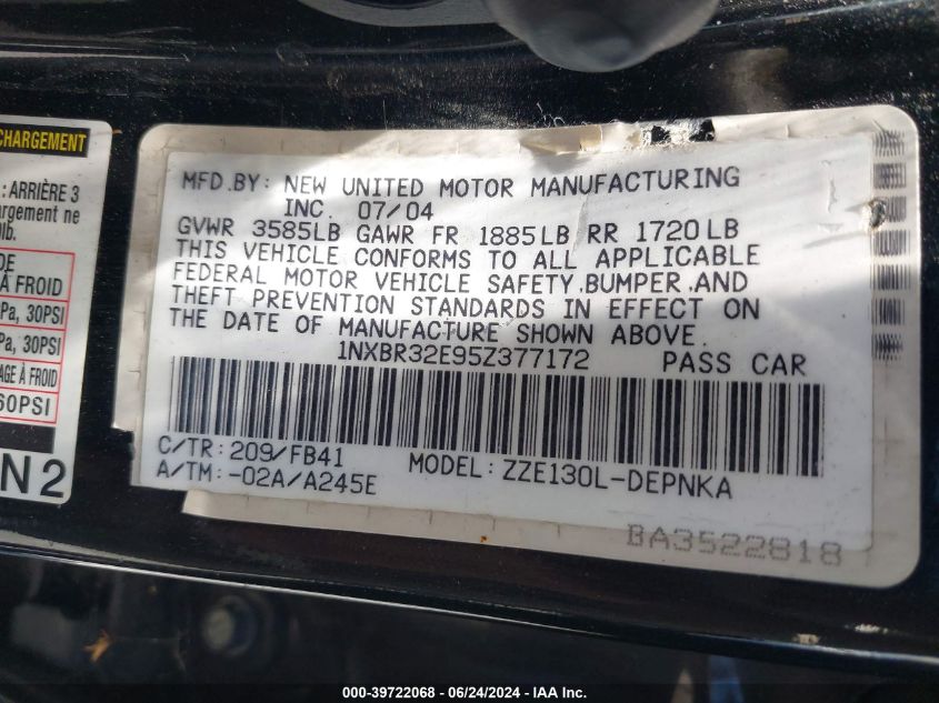 2005 Toyota Corolla Le VIN: 1NXBR32E95Z377172 Lot: 39722068