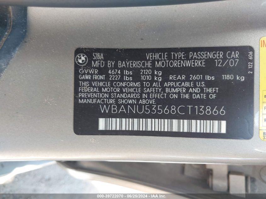 2008 BMW 528I VIN: WBANU53568CT13866 Lot: 39722070