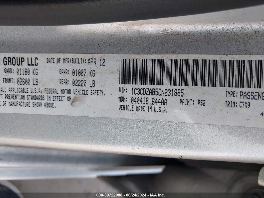 2012 Dodge Avenger Se VIN: 1C3CDZAB5CN231865 Lot: 39722088