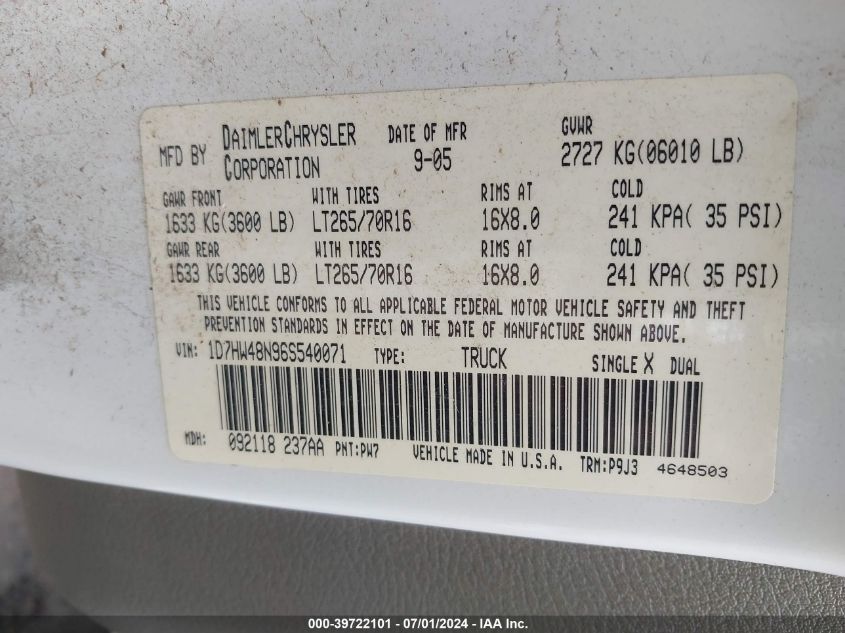 2006 Dodge Dakota Slt VIN: 1D7HW48N96S540071 Lot: 41536084