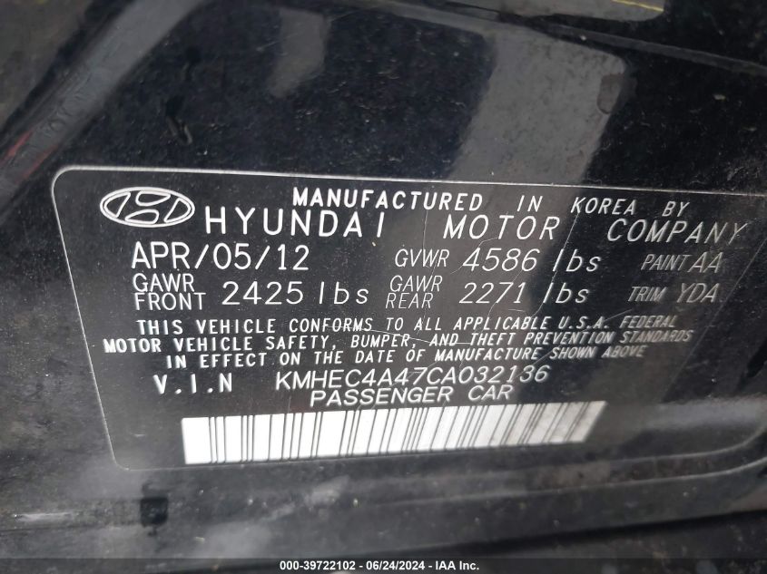 KMHEC4A47CA032136 | 2012 HYUNDAI SONATA HYBRID