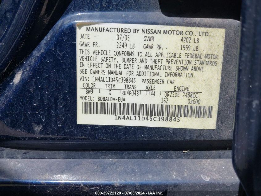2005 Nissan Altima 2.5 S VIN: 1N4AL11D45C398845 Lot: 39722120