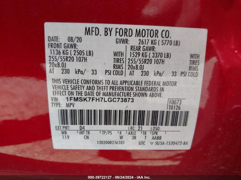 2020 Ford Explorer Limited VIN: 1FMSK7FH7LGC73873 Lot: 39722127