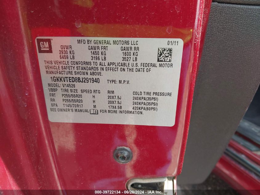 2011 GMC Acadia Denali VIN: 1GKKVTED8BJ291940 Lot: 39722134