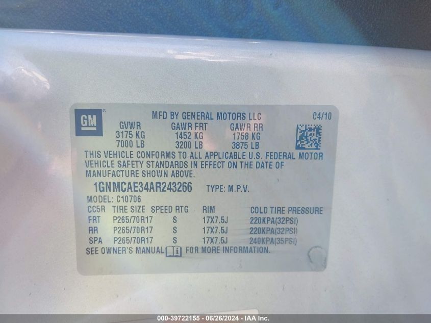 2010 Chevrolet Tahoe Ls VIN: 1GNMCAE34AR243266 Lot: 39722155