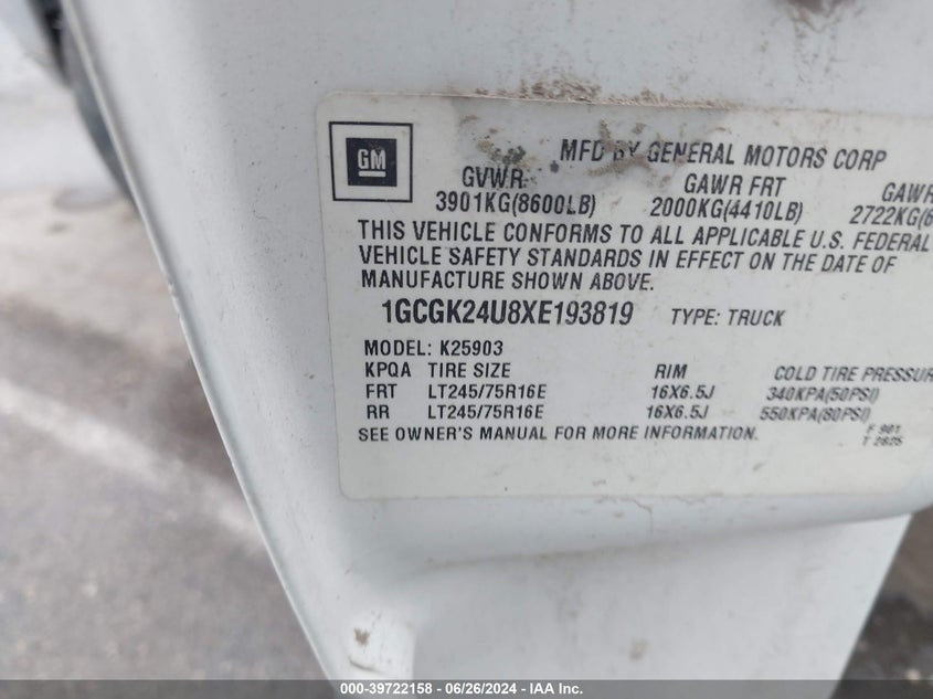 1999 Chevrolet Silverado 2500 Ls VIN: 1GCGK24U8XE193819 Lot: 39722158