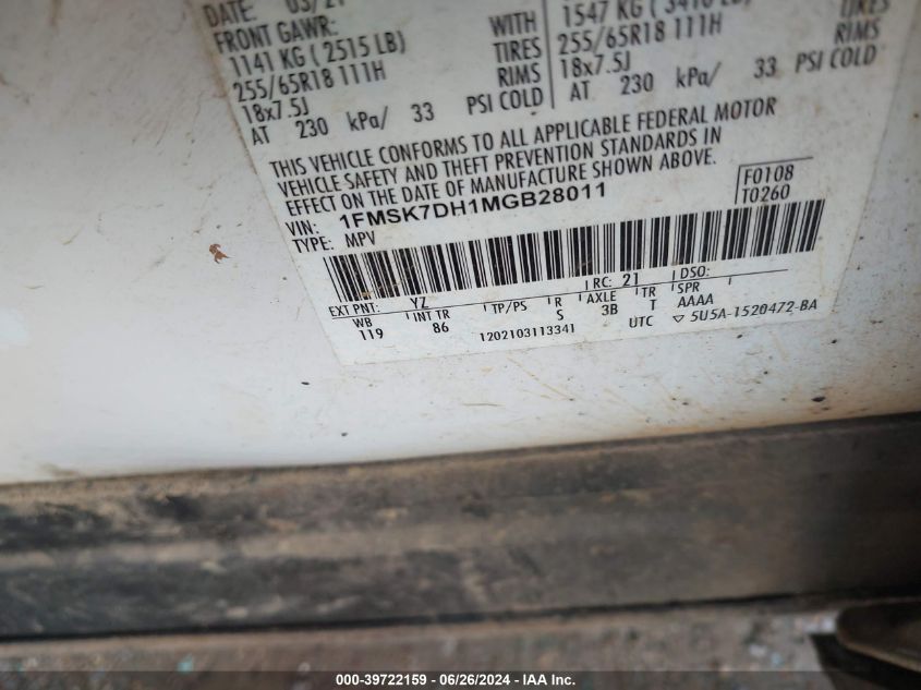 2021 Ford Explorer Xlt VIN: 1FMSK7DH1MGB28011 Lot: 39722159