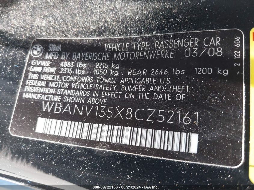 2008 BMW 528Xi VIN: WBANV135X8CZ52161 Lot: 39722166