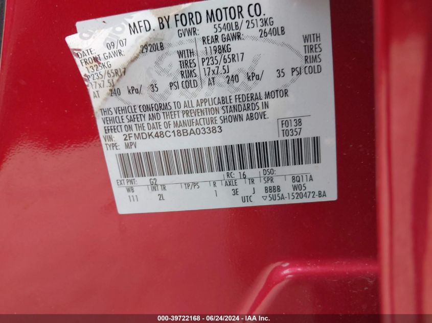 2008 Ford Edge Sel VIN: 2FMDK48C18BA03383 Lot: 39722168