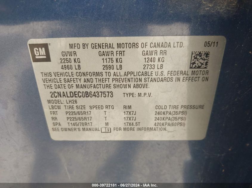 2011 Chevrolet Equinox 1Lt VIN: 2CNALDEC0B6437573 Lot: 39722181