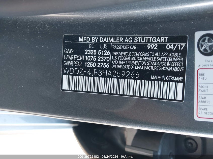 2017 Mercedes-Benz E 300 VIN: WDDZF4JB3HA259266 Lot: 39722182