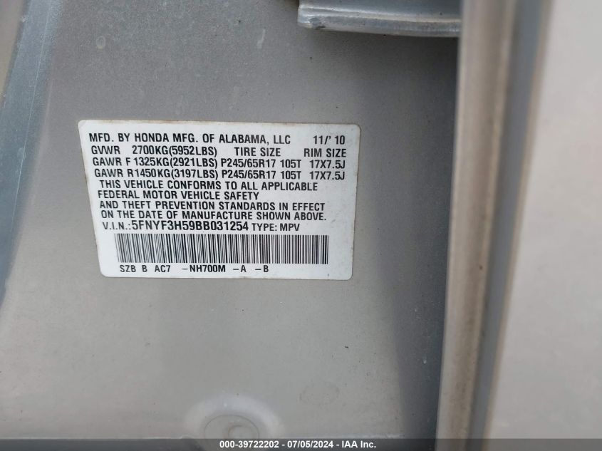2011 Honda Pilot Ex-L VIN: 5FNYF3H59BB031254 Lot: 39722202