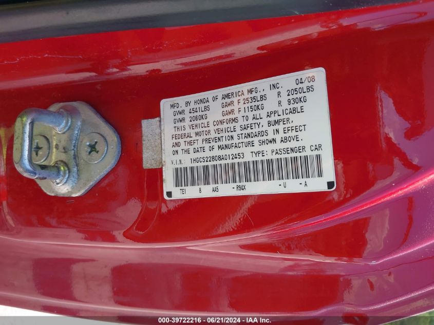 1HGCS22808A012453 | 2008 HONDA ACCORD