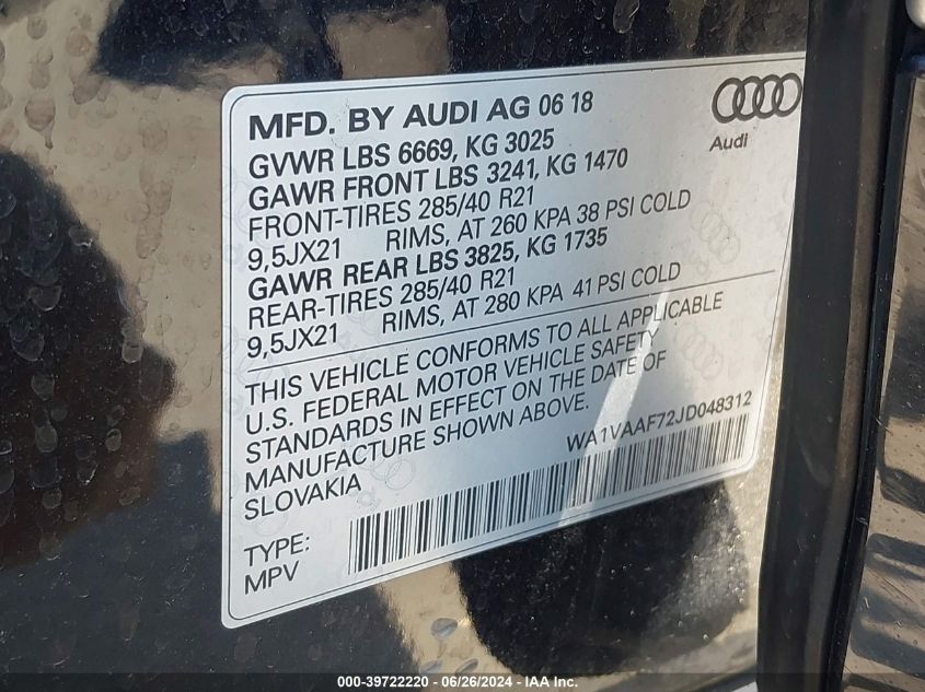 2018 Audi Q7 3.0T Premium VIN: WA1VAAF72JD048312 Lot: 39722220