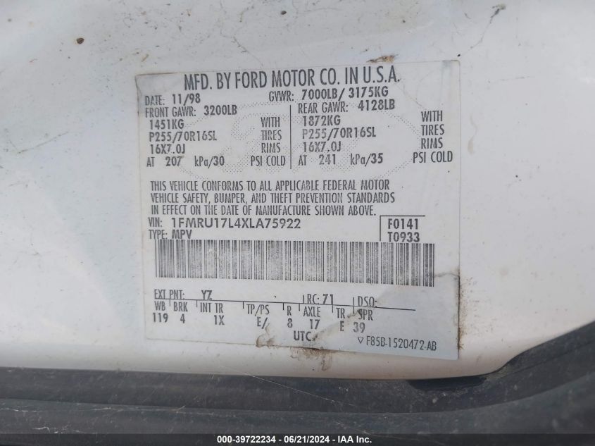 1999 Ford Expedition Eddie Bauer/Xlt VIN: 1FMRU17L4XLA75922 Lot: 39722234