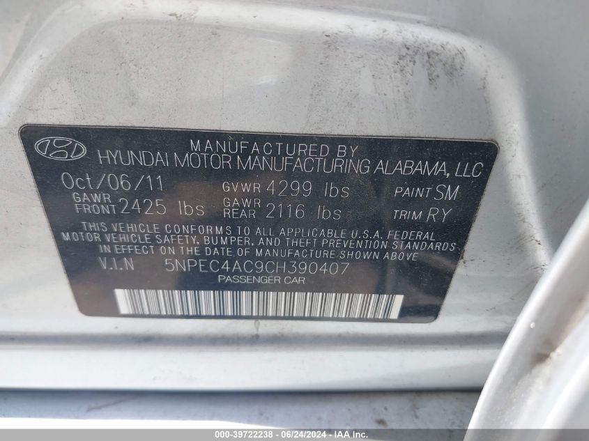 5NPEC4AC9CH390407 | 2012 HYUNDAI SONATA