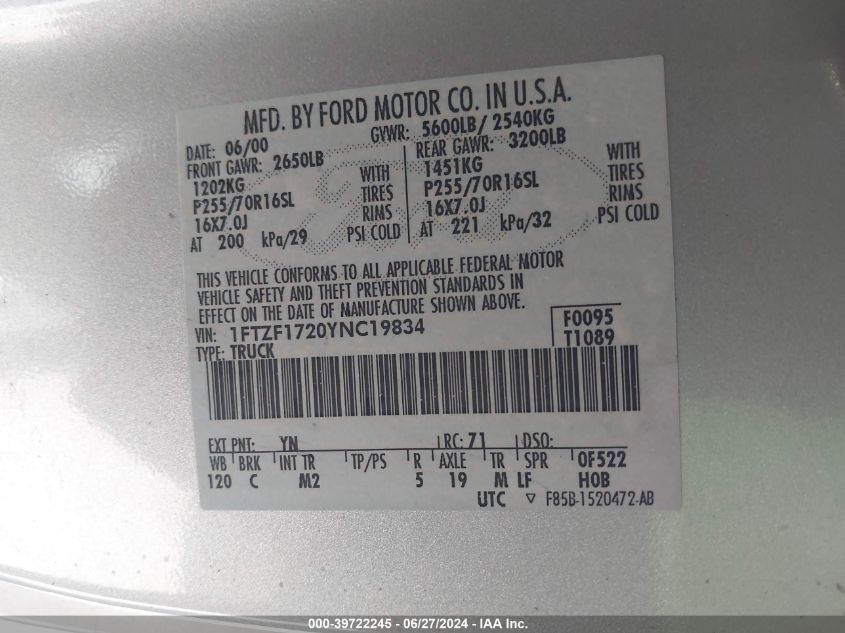 2000 Ford F-150 Work Series/Xl/Xlt VIN: 1FTZF1720YNC19834 Lot: 39722245