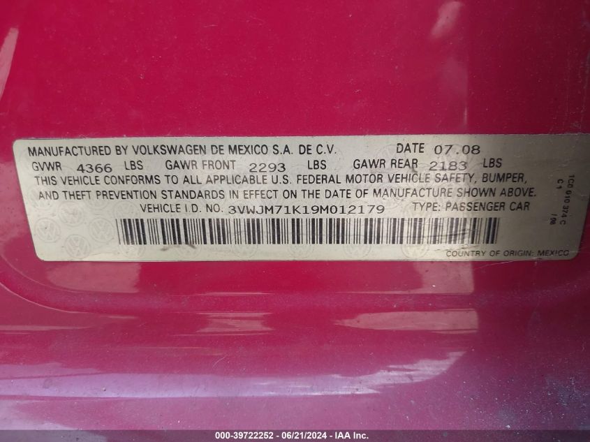 2009 Volkswagen Jetta S VIN: 3VWJM71K19M012179 Lot: 39722252