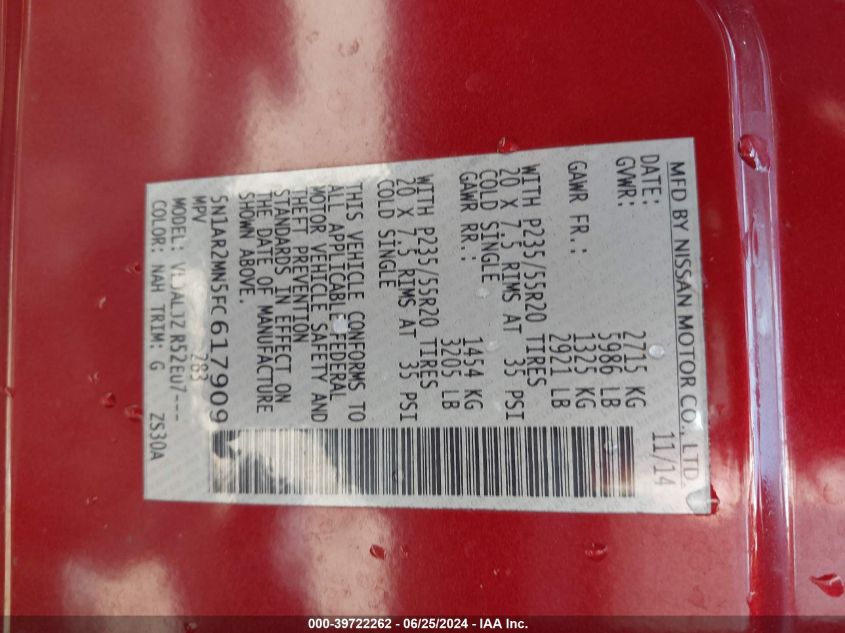 2015 Nissan Pathfinder Platinum VIN: 5N1AR2MN5FC617909 Lot: 39722262